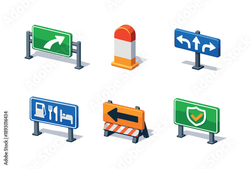Colorful Road Sign Icons. Road Navigation. Isometric flat vector icons set of Road Navigation: motorway exit sign, distance marker sign, junction direction