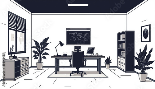 A modern office interior with a desk, chair, computer, and plants in a minimalist black and white illustration style remote work from home office