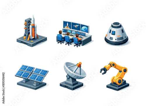 Isometric Space Icons. Space Technology. Isometric flat vector icons set of Space Technology: launch pad, mission control room, space capsule, solar panel