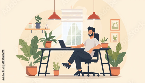 Man sitting at desk with laptop surrounded by plants in a room with a window and lamps remote work from home office