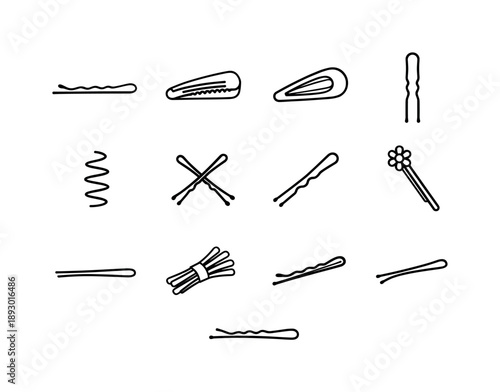 Hairpin Icon Set. Hairpins. Line icon set of Hairpins: bobby pin, hair clip, snap clip, U-shaped pin, spiral hairpin, crossed pins, open hairpin, closed
