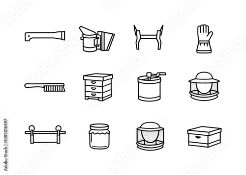 Beekeeping Icons Collection. How bees make honey. Line icon set of beekeeping context: hive tool, smoker, frame lifter, beekeeper glove, bee brush, hive box