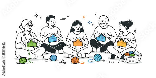 Knitting Circle Harmony. Knitting circle. People sitting together with yarn and needles, enjoying a relaxed creative moment. Calm social connection and