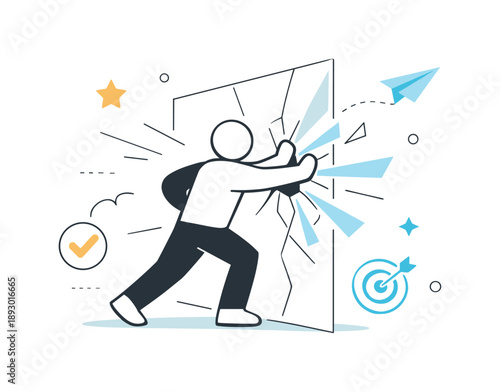 Breaking Barriers. Empowerment and success. Abstract figure pushing through a transparent barrier, with subtle rays or shards representing breakthroughs and