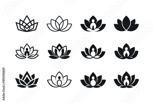 Lotus Emblem Icons. Developing emotional resilience. Icon set. Set Logo of Developing emotional resilience: lotus flower emblem. harmonious logo variations of
