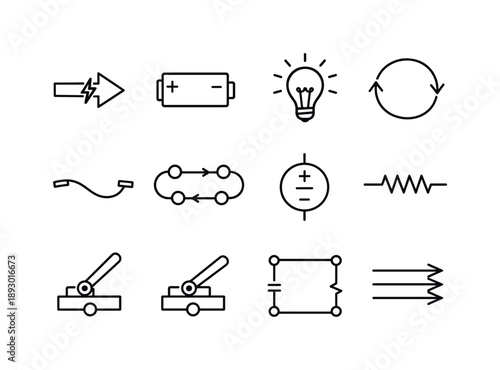 Electricity Flow Icons. Electricity Flow. Line icon set of Electricity Flow: electric current arrow, battery symbol, light bulb on, closed circuit loop, wire