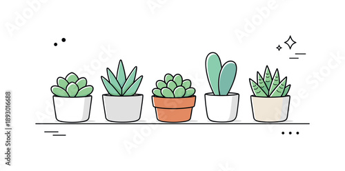 Minimalist Succulent Arrangement. Minimal succulent pots set. Several small succulents in neutral pots aligned in a tidy row, gentle variation in leaf shapes.