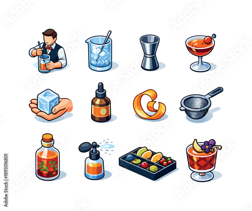 Premium Mixology Icons. Premium Mixology. Colorful isometric vector icons set of Premium Mixology: bartender mixing, crystal mixing glass, jigger measure,