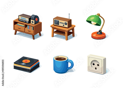 Isometric Home Radio Setup. Home Radio Setup. Isometric flat vector icons set of Home Radio Setup: living room radio cabinet, side table radio, desk lamp