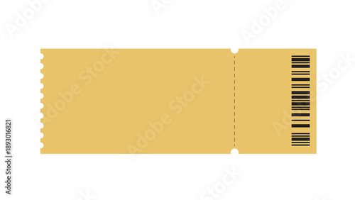 Golden yellow ticket with a black barcode on the perforated stub, isolated on white for event access or gift certificates