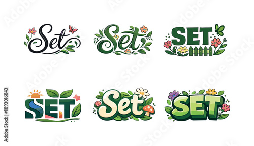 Garden Lettering Variations. Garden inspired lettering frame. Set lettering. harmonious lettering variations of the same emblematic concept, each