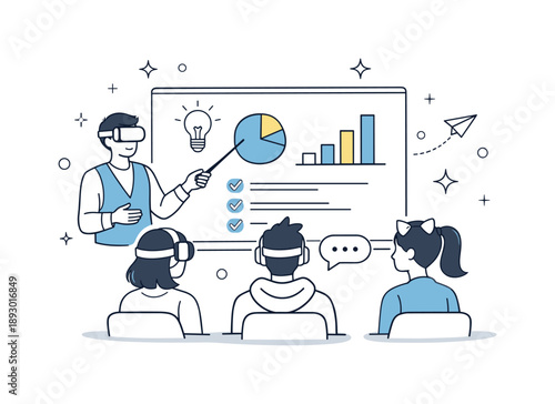 Virtual Presentation Space. Metaverse meeting presentation. One avatar presenting ideas on a large virtual display while others listen attentively. Clear