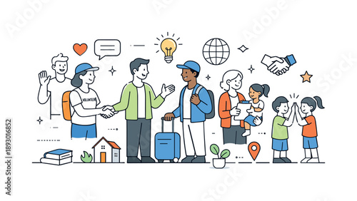 Community Connection Illustration. Community integration program. Newcomers meet local residents and volunteers, exchanging guidance and friendly gestures. The