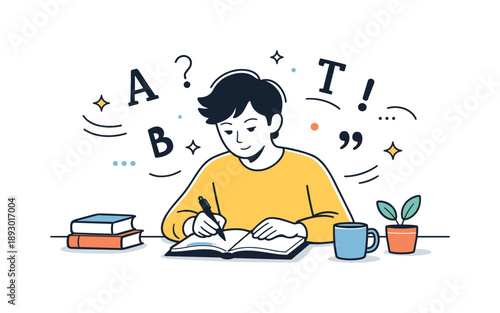 Creative Writing Focus. Writing and Language. A focused character sitting at a desk, writing on a notebook with floating letters and punctuation marks around.