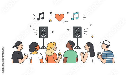 Festival Vibes. Music festival crowd. A diverse crowd listening attentively, some holding drinks, others swaying calmly. Relaxed open-air concert mood with