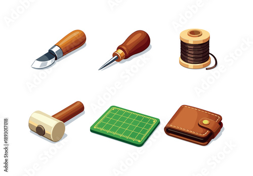 Leather Crafting Tools. Leather Crafting. Isometric flat vector icons set of leather crafting: leather cutting knife, stitching awl tool, waxed thread spool,
