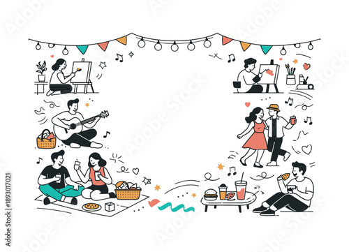 Serene Festival Vibes. Festival poster illustration. A vibrant yet calm layout with characters enjoying music, food, and art under string lights and banners.