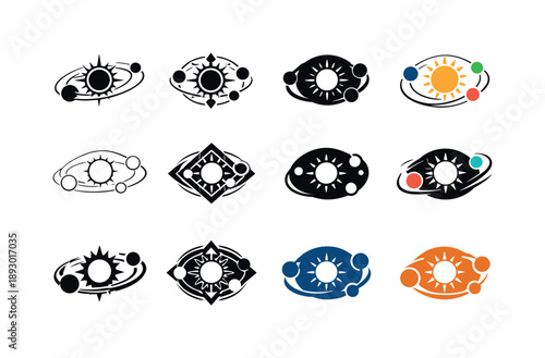 Cosmic Logo Variations. Cosmic view. Icon set. Set Logo of cosmic view: sun and orbiting planets. harmonious logo variations of the same emblematic concept,