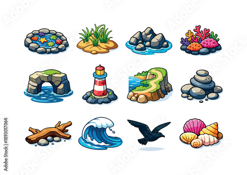 Coastal Icon Set. coastal environment. Colorful isometric vector icons set of coastal environment: tide pool, dune grass, rocky shore, coral outcrop, sea arch