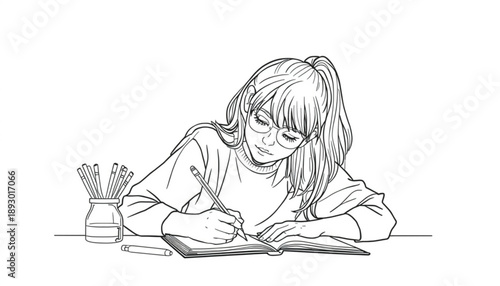 A girl sitting at a desk writing in a notebook with pencils and a cup on the table remote work from home office