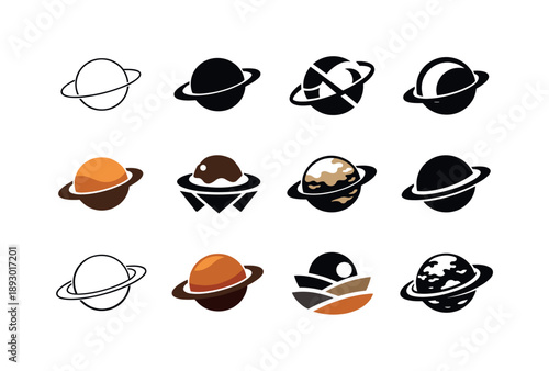 Titan Moon Logos. Titan. Icon set. Set Logo of Titan: Saturn?s moon silhouette. harmonious logo variations of the same emblematic concept, each with different