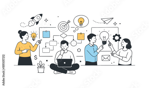 Entrepreneurial Concept Artistry. Startup concept editorial scene. Minimal figures with abstract flowcharts, sticky notes, and creative icons, expressing new