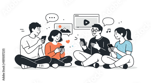 Digital Social Hangout. Digital hangout. A group of people chatting and sharing screens with each other while holding smartphones. The scene suggests social