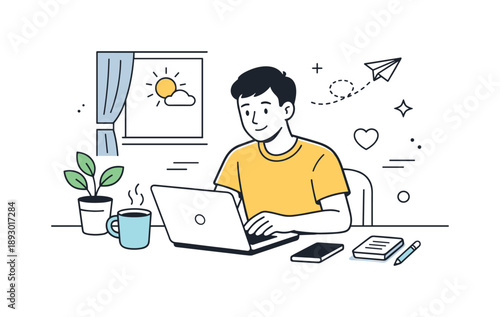 Minimalist Freelance Workspace. Remote work setup. Freelancer sitting at a desk near a window, laptop open and coffee nearby, relaxed concentration and