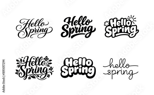 Spring Lettering Grid. Hello Spring. Set lettering. harmonious lettering variations of the same emblematic concept, each with different artistic interpretation