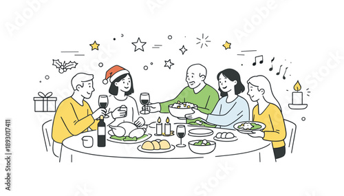 Cozy Dinner Gathering. Holiday celebration around table dinner. People sitting close and sharing food, relaxed conversation and cozy seasonal atmosphere.