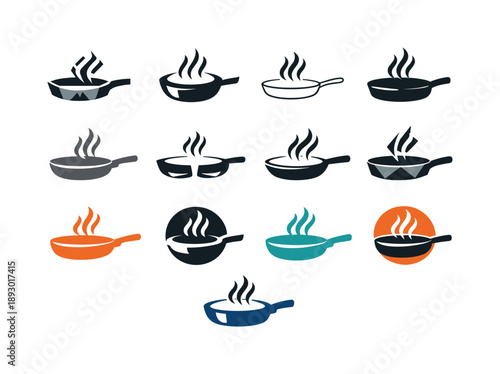 Frying Pan Icon Set. Frying Pan. Icon set. Set Logo of Frying Pan: side view of a hot pan with steam. harmonious logo variations of the same emblematic