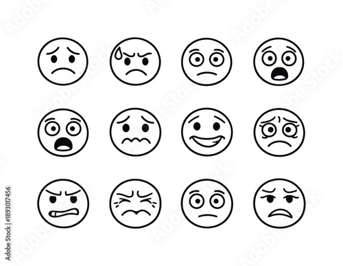 Anxiety Icon Set. Anxiety expression. Line icon set of Anxiety expression: worried face, furrowed brows, tense mouth, nervous eyes, sweat bead, stress face,
