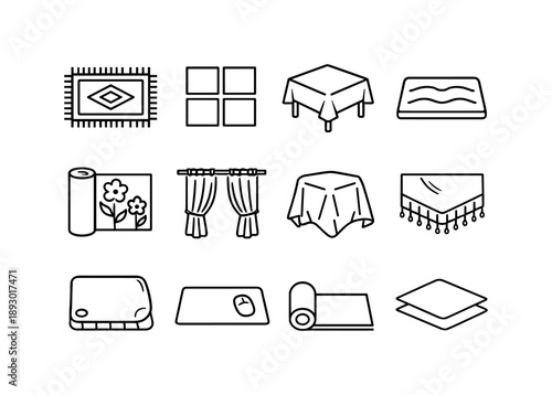 Surface Coverings Icons. Surface coverings. Line icon set of Surface coverings: rug, carpet tile, tablecloth, floor mat, wallpaper panel, curtain, plastic