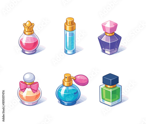Isometric Perfume Icon Set. Cosmetic scent. Isometric flat vector icons set of cosmetic scent: elegant perfume bottle, tall slim perfume bottle, faceted
