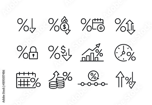 Interest Rate Icon Set. Interest Rate Concepts. Line icon set of Interest Rate Concepts: nominal rate, real rate, effective rate, variable rate, fixed rate,