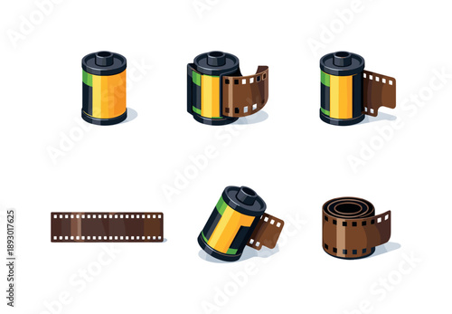 Film Roll Icon Set. Film roll variations. Isometric flat vector icons set of film roll variations: sealed film cartridge, opened cartridge view, half-unrolled