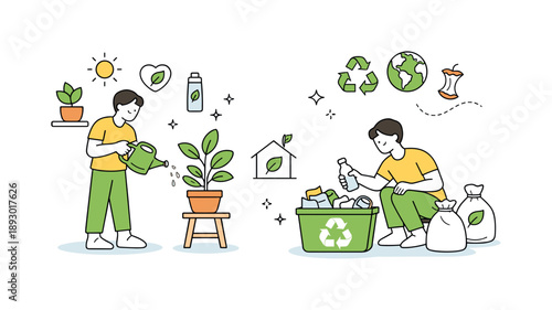 Eco-Friendly Home Routine. Green lifestyle. Person caring for houseplants and recycling waste at home. Conscious daily habits and eco-friendly mindset.