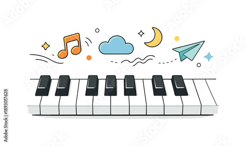 Melodic Abstract Piano. Piano keys close-up ? creative inspiration. Close-up of piano keys with abstract shapes floating above, symbolizing melody