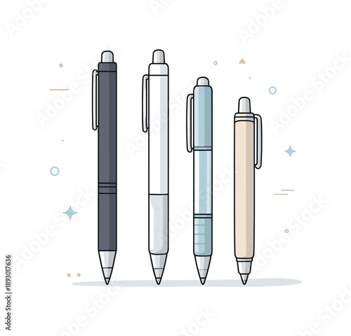 Minimalist Pen Collection. Minimal pens set. Three to five pens of different lengths aligned neatly with plenty of white space around. Modern writing tools,