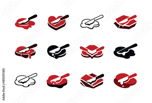 Jam Logo Variations. Jam. Icon set. Set Logo of Jam: spreading knife. harmonious logo variations of the same emblematic concept, each with different artistic