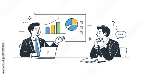 Professional Negotiation Illustration. Negotiation scene presentation. One person explaining key points with charts while the other listens attentively,