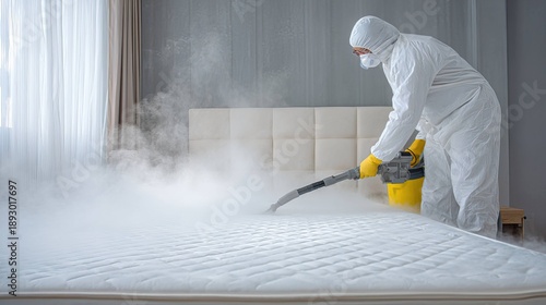 Professional worker disinfecting mattress with protective equipment