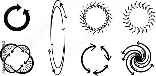Circular arrow icons showing rotation, vortex, spiral, loop, cycle, motion flow graphics, physics and process symbols, vector illustration