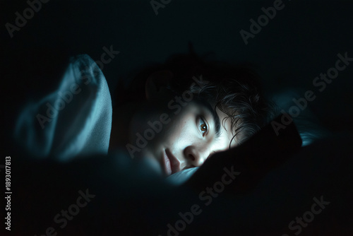 Teenager lying awake in bed at night, illuminated by smartphone screen under a blanket. Concept of late night screen time, digital habits, sleep disruption, and modern lifestyle.