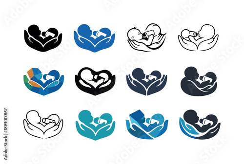 Newborn Care Icons. nurturing a newborn. Icon set. Set Logo of nurturing a newborn: baby bottle. harmonious logo variations of the same emblematic concept,