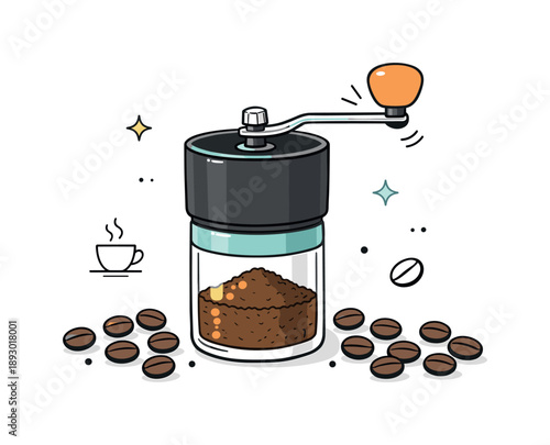 Minimalist Coffee Grinder. Manual burr grinder close-up. Minimal grinder with visible crank and container, coffee beans scattered neatly around.