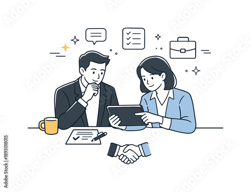 Business Negotiation Agreement. Negotiation scene agreement. Business partners reviewing terms on a tablet, focused attention and thoughtful decision making.