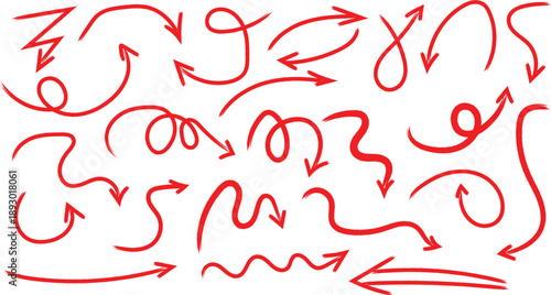 Red pencil arrow doodles set - hand drawn swirls, curved lines, chaotic pointers. Chalk sketches, artistic design elements pack. Hand drawn Brush Check marks doodle set. checkbox, checklist, tick 