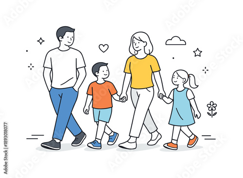 Family Stroll Scene. Family walk. Parents and children walking together side by side in a relaxed rhythm. Warm everyday moment and calm family connection.