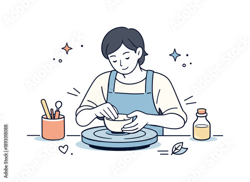 Mindful Pottery Crafting. Pottery class details. Person carefully shaping a small ceramic bowl. Mindful process and attention to detail. Minimalist flat vector